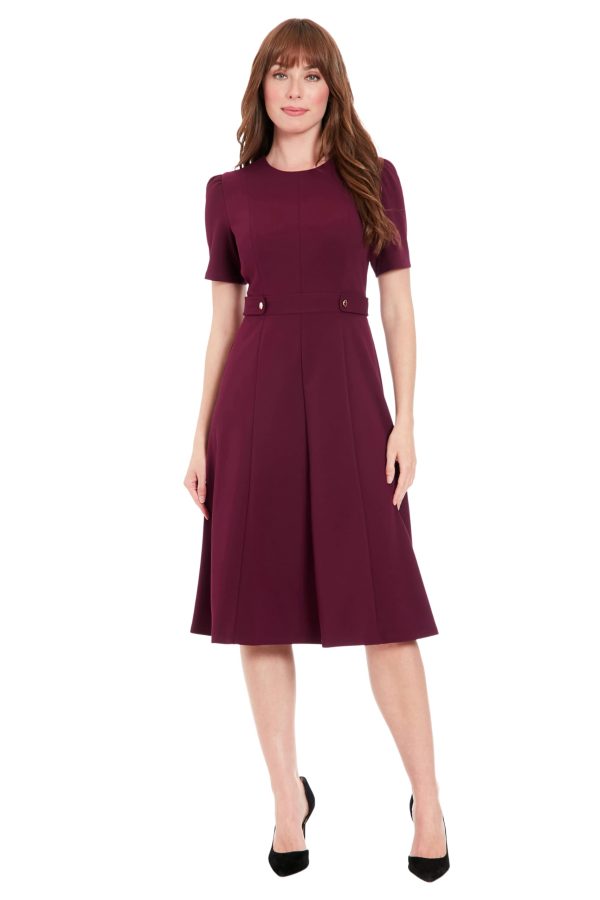 Women's Short Sleeve Crepe Fit and Flare Midi with Waist Button Detail