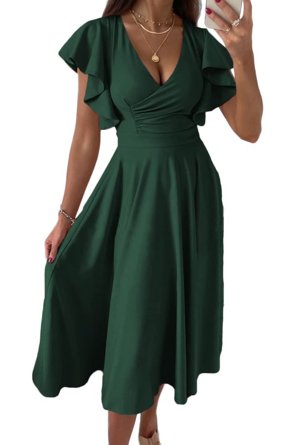 Summer Midi Dress 2025 Spring Ruffle Sleeve V Neck Cocktail Wedding Guest A Line Fit and Flared Dresses