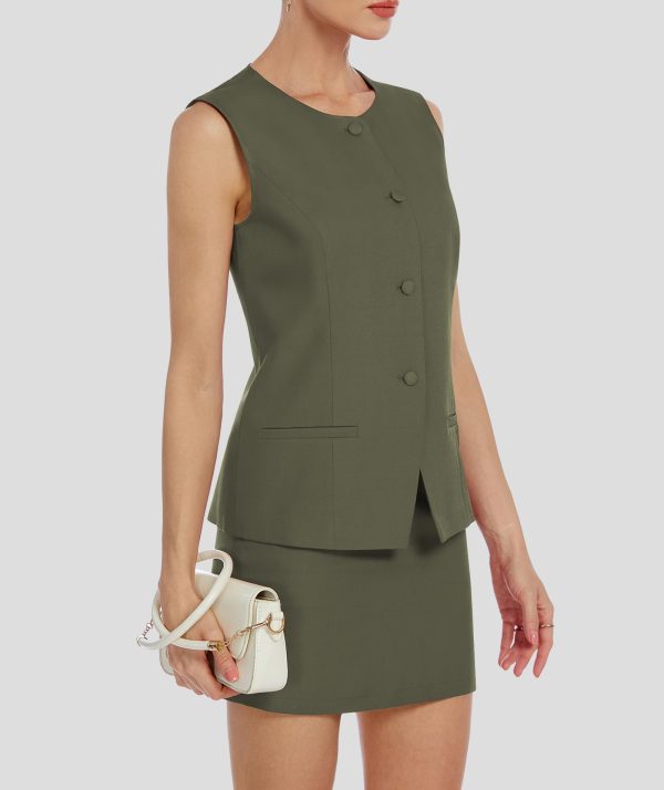 Womens Two Piece Blazer Outfits Skirt Set Button Down Vest Short Skort Crew Neck Summer Business Casual Suit