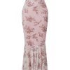 Women's Floral Mesh Ruffle Hem Maxi Skirt High Waisted Fishtail Long Skirts