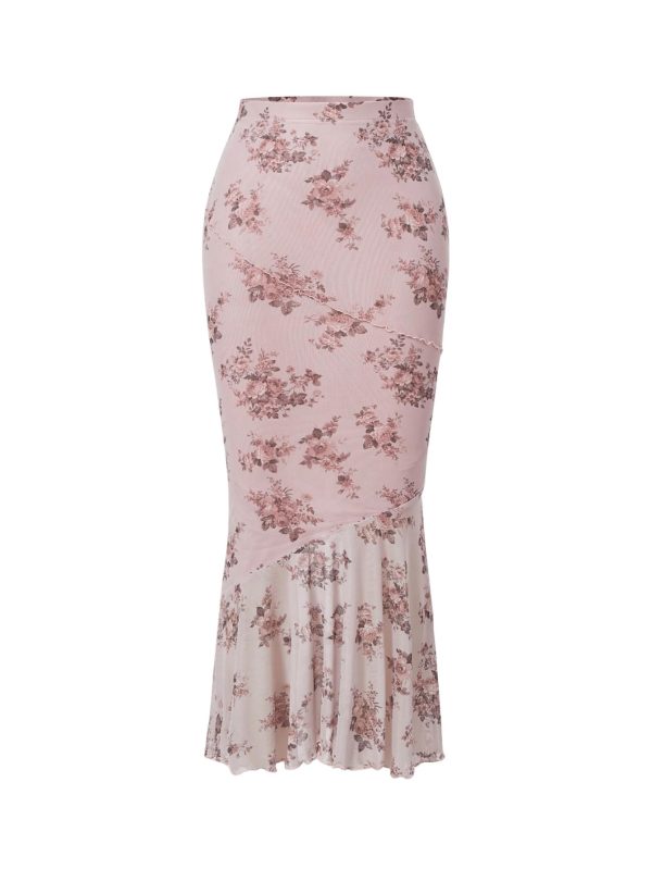Women's Floral Mesh Ruffle Hem Maxi Skirt High Waisted Fishtail Long Skirts