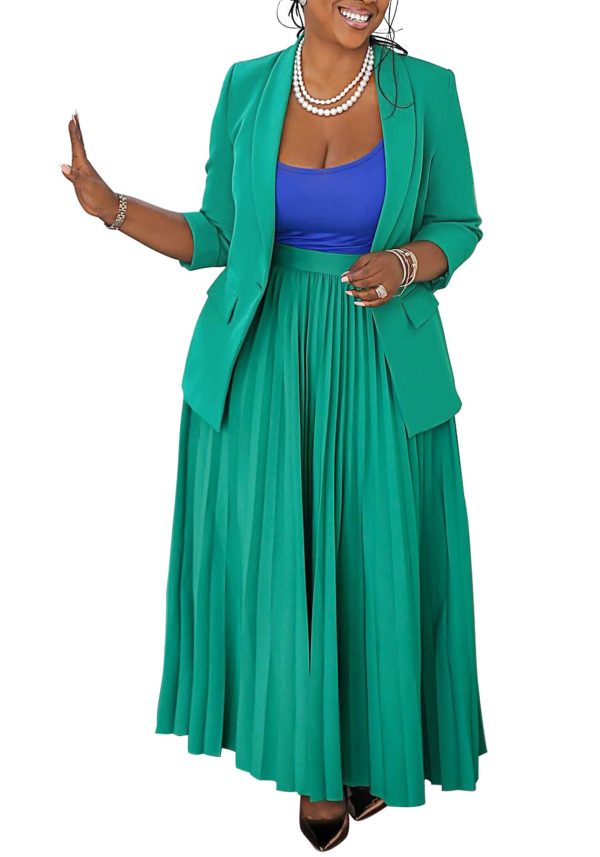 Women 2 Piece Plus Size Business Skirt Suit Sets Long Sleeve Open Front Blazer and High Waist Pleated Maxi Skirt