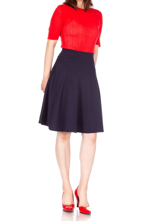 High-Waisted Cotton Blend Skirt with Pockets - Knee Length A-line Flare for Business and Casual Wear