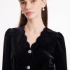 Women's 2 Piece Outfits Black Velvet V Neck Wave-Cut Top and Black Tulle Midi Skirt Sets