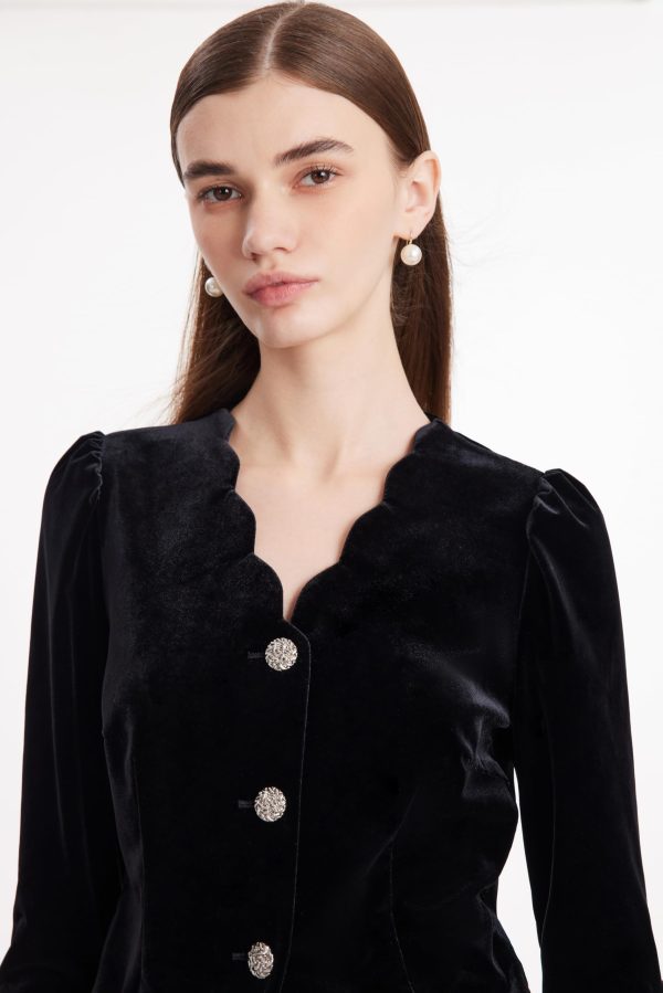 Women's 2 Piece Outfits Black Velvet V Neck Wave-Cut Top and Black Tulle Midi Skirt Sets