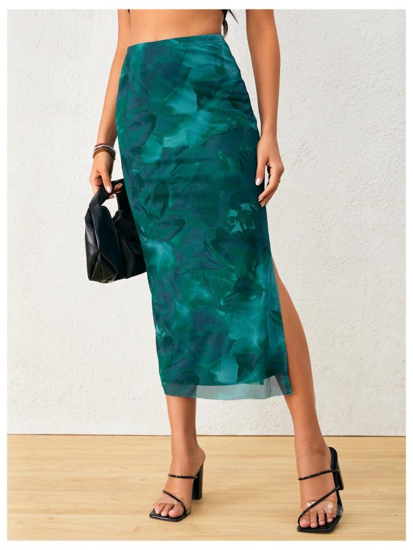 Women's Tie Dye High Elastic Waist Bodycon Long Skirt Boho Split Side Maxi Skirts