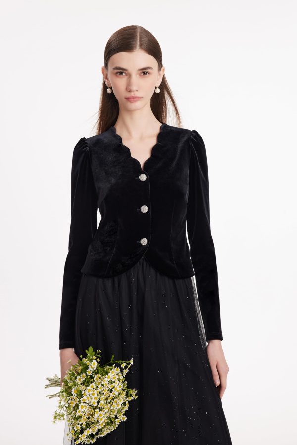 Women's 2 Piece Outfits Black Velvet V Neck Wave-Cut Top and Black Tulle Midi Skirt Sets