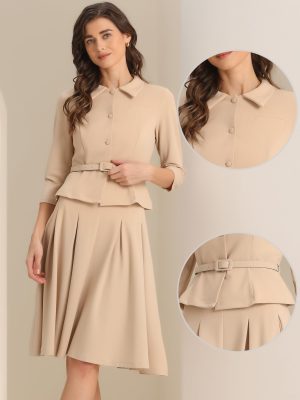 Business Skirt Suit Sets for Women's 2 Piece Outfits Office 3/4 Sleeve Blazer Jacket Pleated Skirts