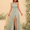 Chiffon One Shoulder Bridesmaid Dresses with Slit A-Line Long Formal Party Dress with Pockets RO022