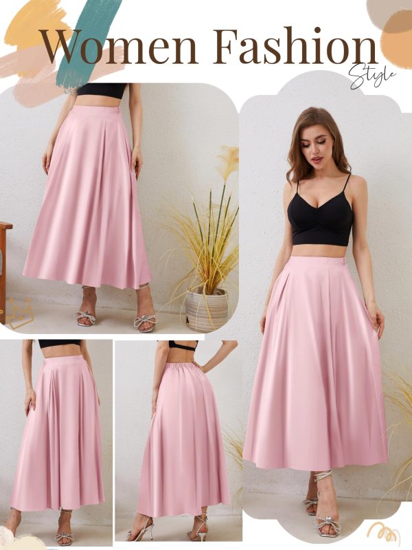 Womens Satin High Waist Elastic Midi Skirt Satin Maxi Skirt Silk Elegant Long Trendy A-Line Midi Skirts