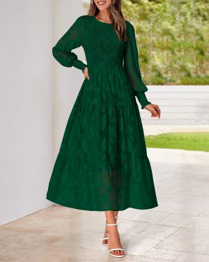 Casual Women's 2025 Spring Dresses Elegant Wedding Guest Dress Long Sleeve Floral Midi Dress Flowy Bohemian Long Dress