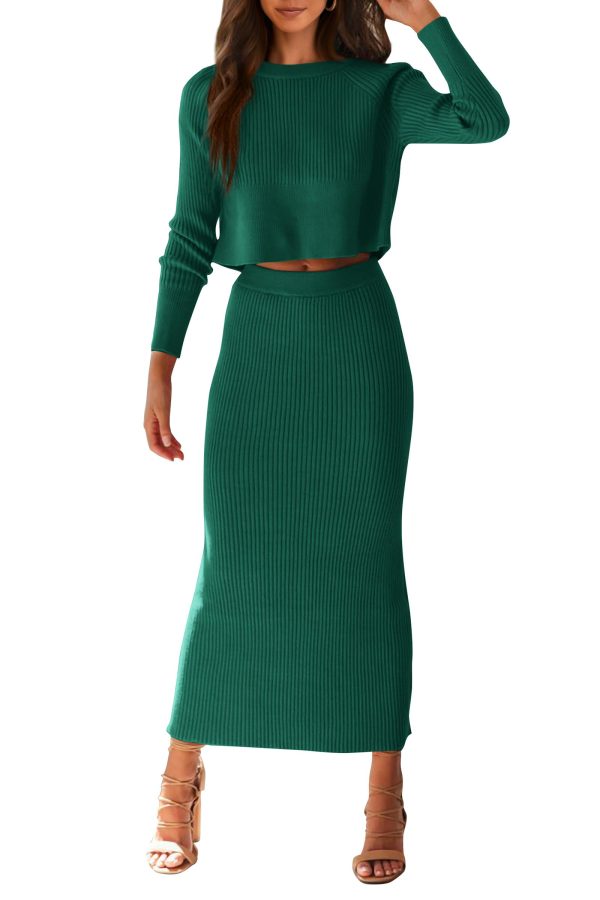 Women's Spring Fall 2 Piece Sweater Set Rib Knit Long Sleeve Crop Top Maxi Bodycon Skirt Casual Winter Outfits