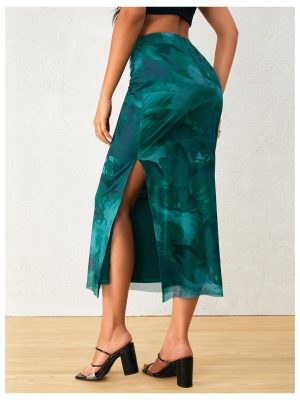 Women's Tie Dye High Elastic Waist Bodycon Long Skirt Boho Split Side Maxi Skirts