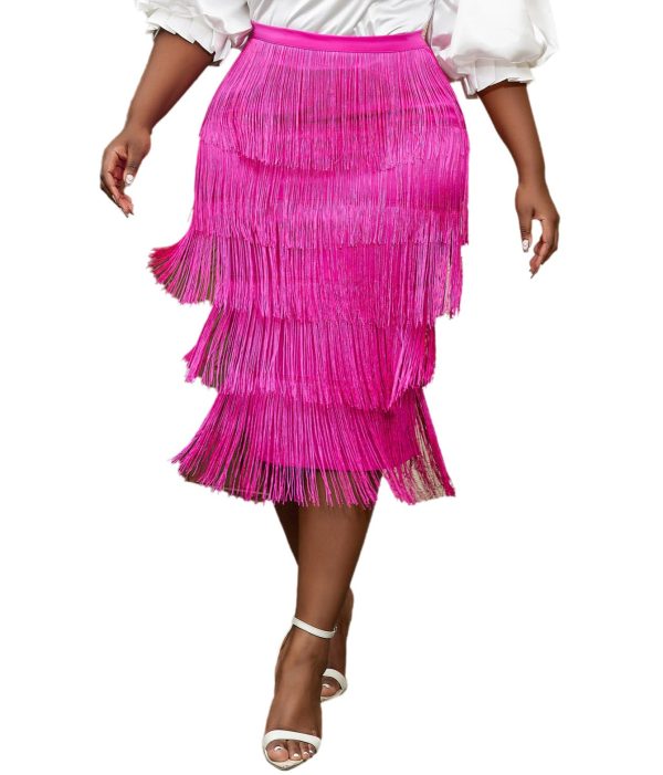 Women's High Waist Fringe Tiered Bodycon Pencil Midi Skirt