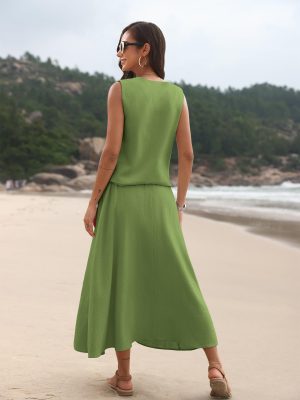 2 Piece Linen Sets for Women Summer Outfit,V-Neck Vest Top & Flowy Maxi Skirt