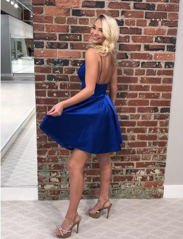 Short A-line V-Neck Spaghetti Straps Satin Homecoming Dress with Pockets