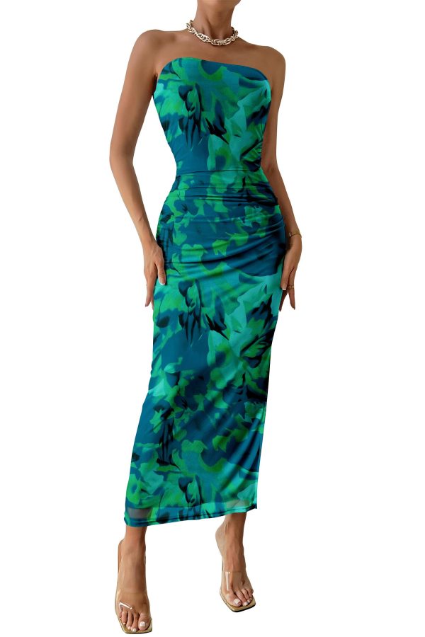 Women's Summer Maxi Bodycon Dresses Strapless Tube Top Slit Floral Printed Party Club Long Dress