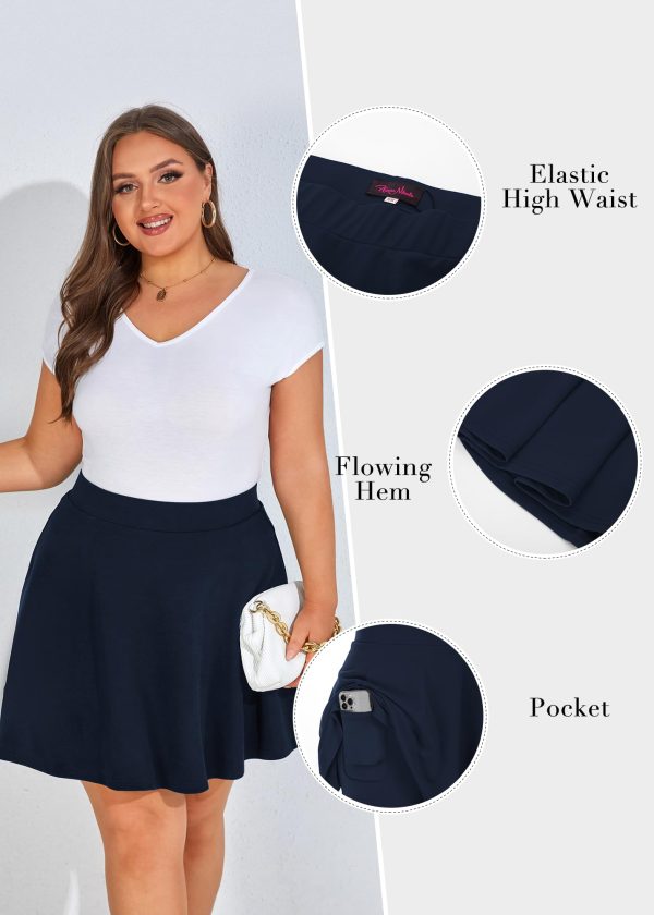 Women Plus Size Casual Mini Skater Skirt Elastic Lining High Waist Basic Flared Skorts Pleated with Pocket