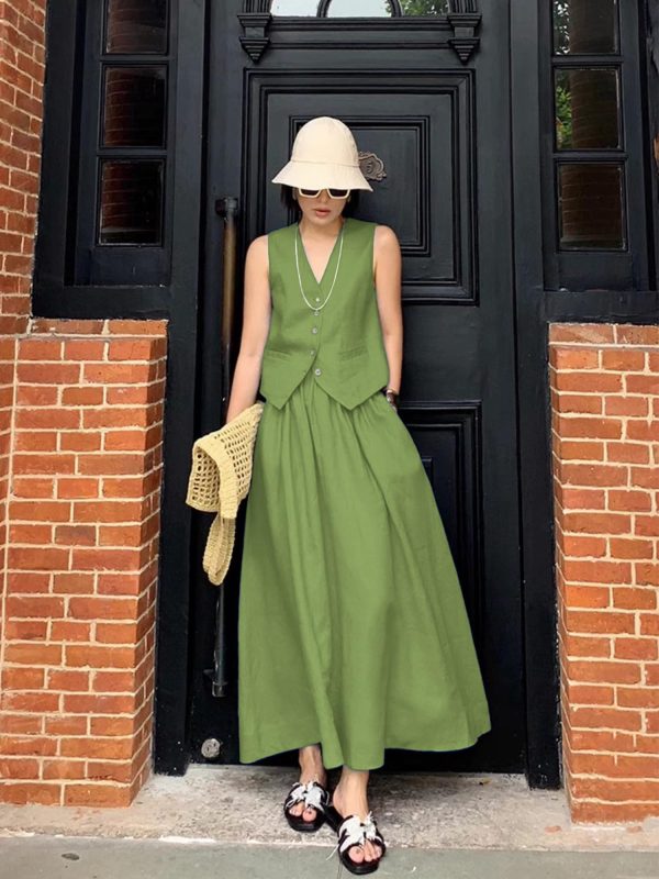 2 Piece Linen Sets for Women Summer Outfit,V-Neck Vest Top & Flowy Maxi Skirt