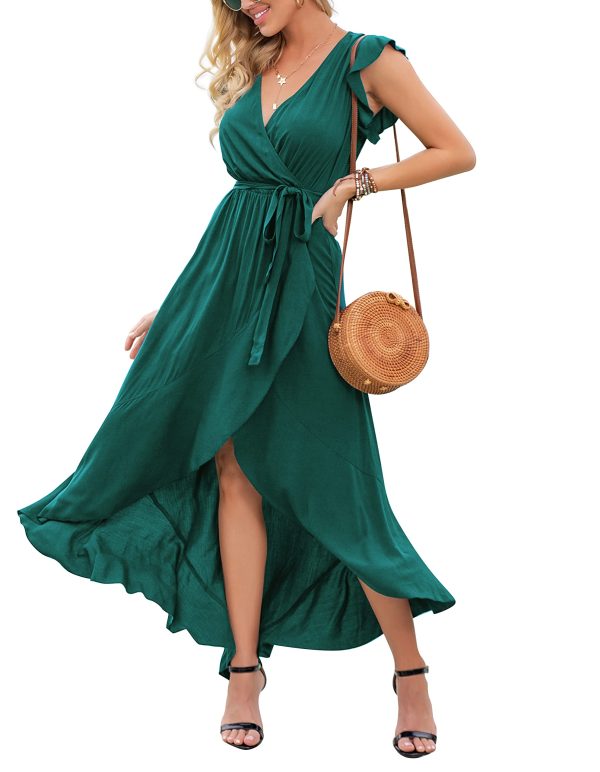 2025 Women's Spring Summer Boho Floral Print V-Neck Faux Wrap Maxi Dress for Wedding Guest, Graduation, Party