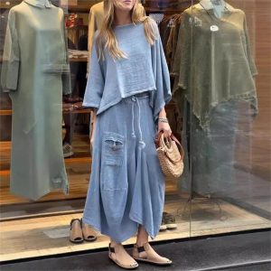 Women’S Cotton Linen Two-Piece Set O-Neck Pullover Belted Irregular Skirt Spring Outfit