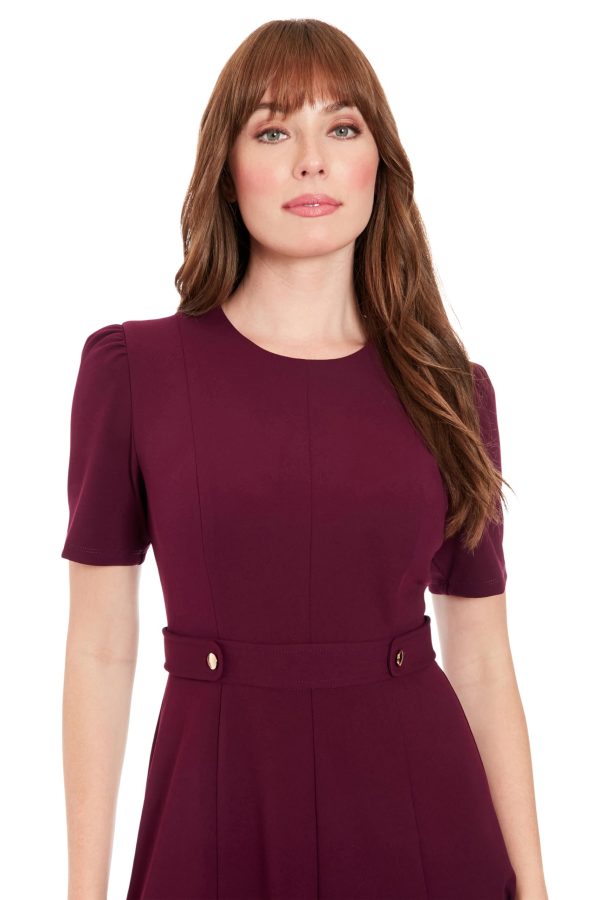 Women's Short Sleeve Crepe Fit and Flare Midi with Waist Button Detail