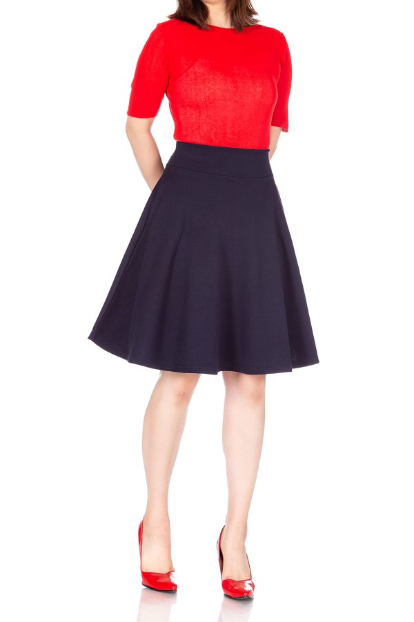 High-Waisted Cotton Blend Skirt with Pockets - Knee Length A-line Flare for Business and Casual Wear
