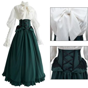 Victorian Dress Costume Women Medieval Vintage Edwardian Blouse Maxi Skirt Set