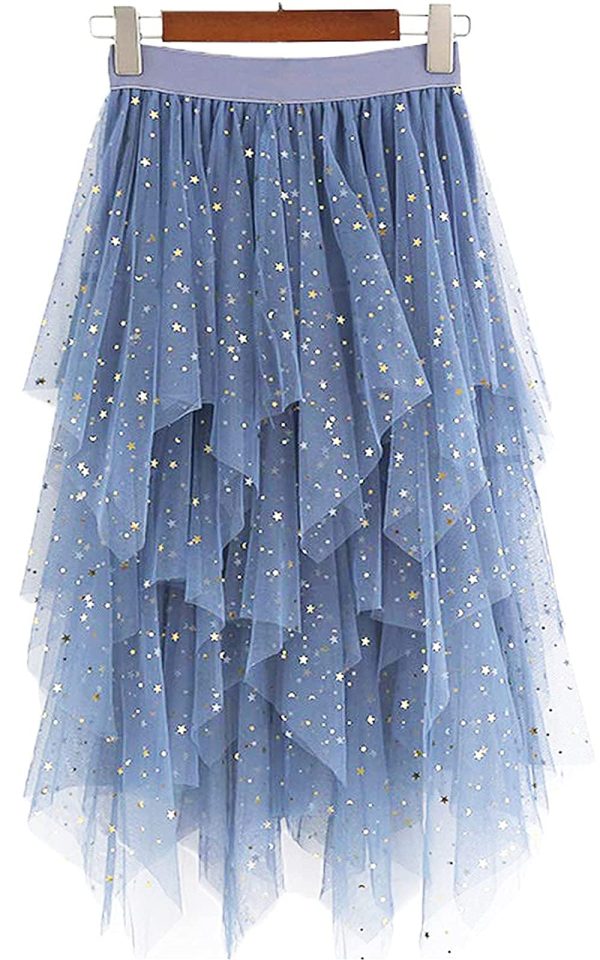 Women's Tulle Skirt Formal High Low Asymmetrical Midi Length Elastic Waist Tutu Layered Puffy Fairy Skirts
