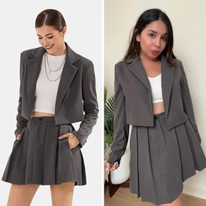 Women's Business Casual Blazer Suit Sets and Pleated Mini Skirt 2 Piece Outfits Trendy Long Sleeve Y2K Clothes 2025