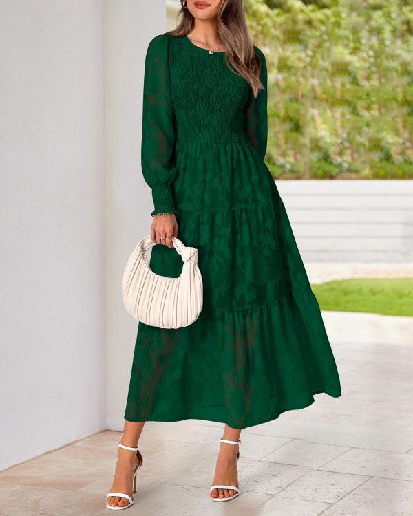 Casual Women's 2025 Spring Dresses Elegant Wedding Guest Dress Long Sleeve Floral Midi Dress Flowy Bohemian Long Dress