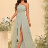 Chiffon One Shoulder Bridesmaid Dresses with Slit A-Line Long Formal Party Dress with Pockets RO022