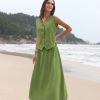 2 Piece Linen Sets for Women Summer Outfit,V-Neck Vest Top & Flowy Maxi Skirt