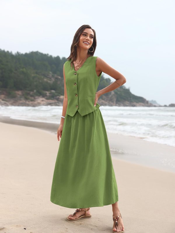 2 Piece Linen Sets for Women Summer Outfit,V-Neck Vest Top & Flowy Maxi Skirt