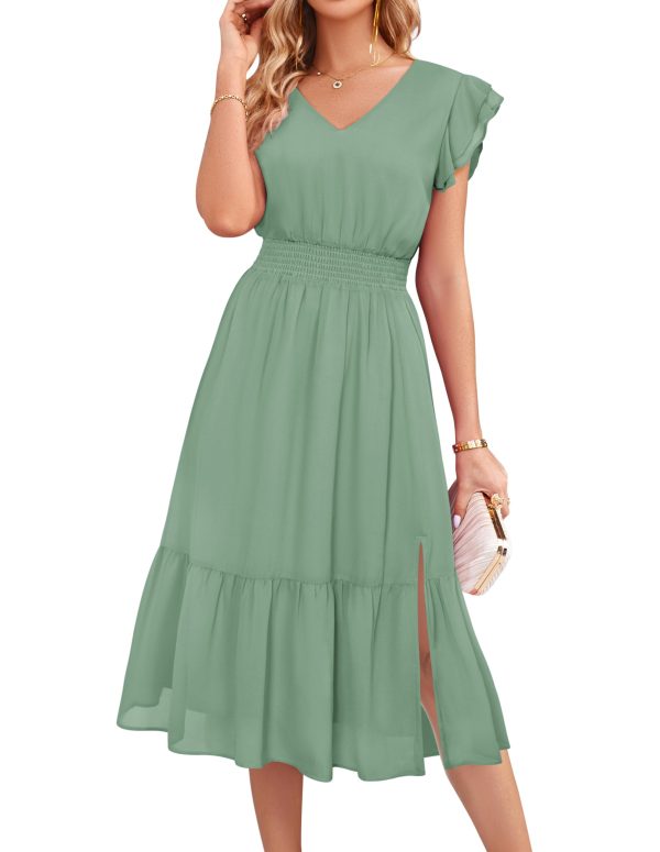 Women's V Neck Ruffle Sleeve Summer Dress 2025 Split Flowy Tiered Midi Dress Wedding Guest Cocktail Dresses