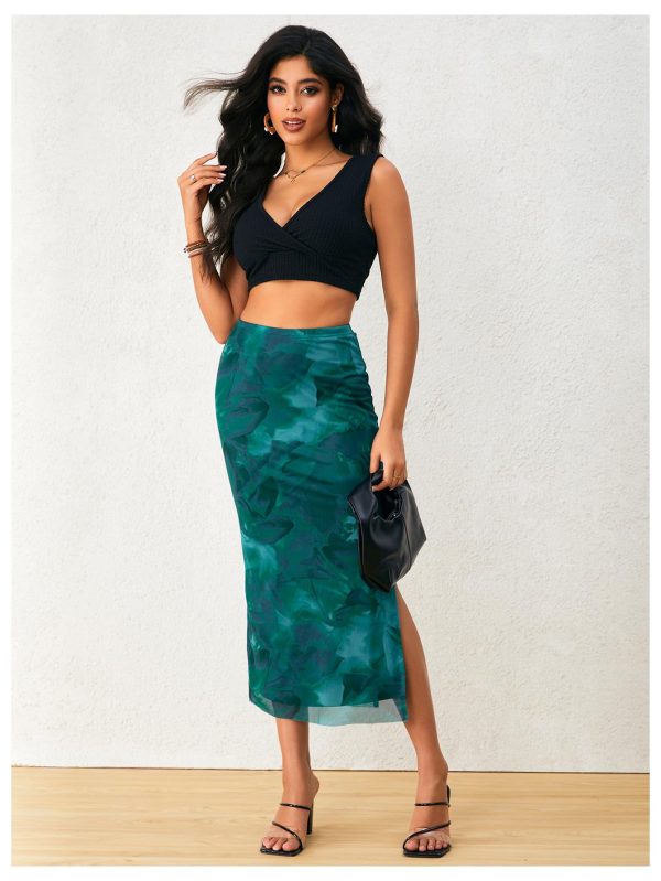 Women's Tie Dye High Elastic Waist Bodycon Long Skirt Boho Split Side Maxi Skirts