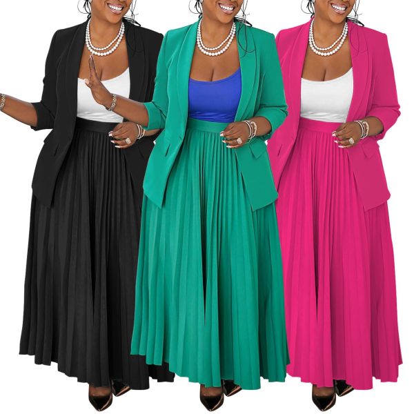 Women 2 Piece Plus Size Business Skirt Suit Sets Long Sleeve Open Front Blazer and High Waist Pleated Maxi Skirt