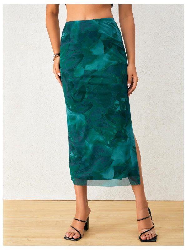 Women's Tie Dye High Elastic Waist Bodycon Long Skirt Boho Split Side Maxi Skirts