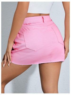 Women's Causal High Waist Raw Hem Pocket Denim Jean Short Skirt