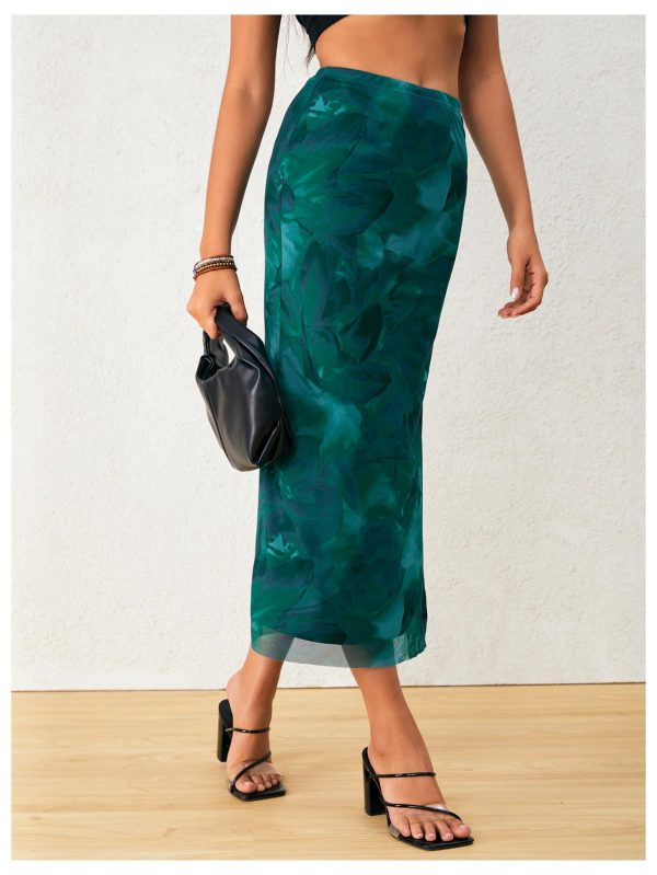 Women's Tie Dye High Elastic Waist Bodycon Long Skirt Boho Split Side Maxi Skirts