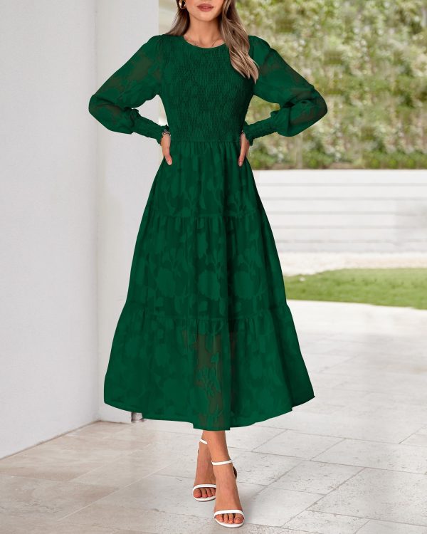 Casual Women's 2025 Spring Dresses Elegant Wedding Guest Dress Long Sleeve Floral Midi Dress Flowy Bohemian Long Dress