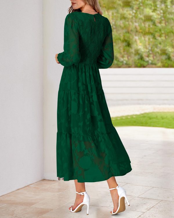 Casual Women's 2025 Spring Dresses Elegant Wedding Guest Dress Long Sleeve Floral Midi Dress Flowy Bohemian Long Dress
