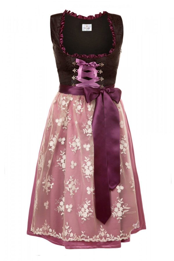 Bavarian Women's Midi Dirndl Dress 2-Pieces+Apron Black Purple