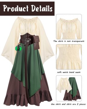 Women Medieval Renaissance Dress Costume Halloween Blouse Top Skirt Pouch Corset Belt Bottle