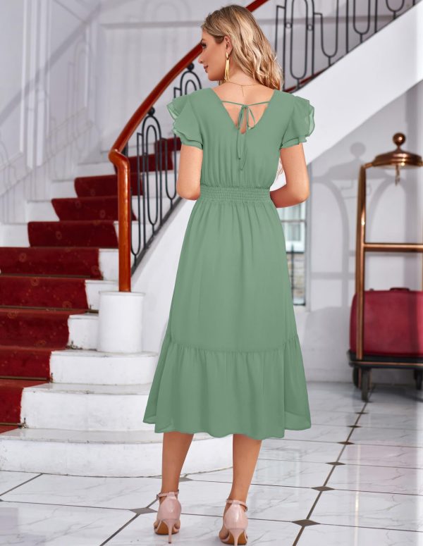 Women's V Neck Ruffle Sleeve Summer Dress 2025 Split Flowy Tiered Midi Dress Wedding Guest Cocktail Dresses