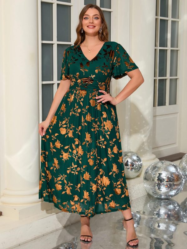 Simplee Women’s V Neck Velvet Maxi Dress Short Sleeve Empire Waist Long Formal Dress for Wedding Guest