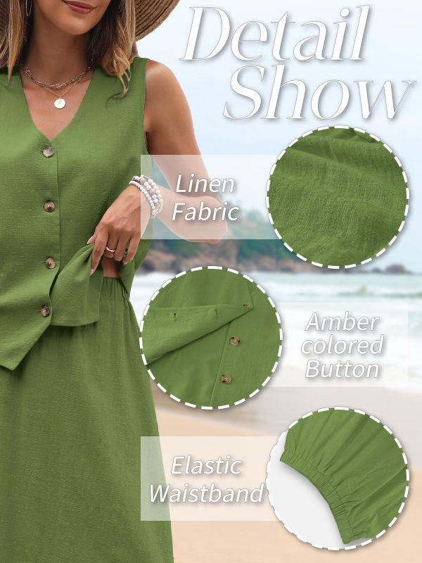 2 Piece Linen Sets for Women Summer Outfit,V-Neck Vest Top & Flowy Maxi Skirt