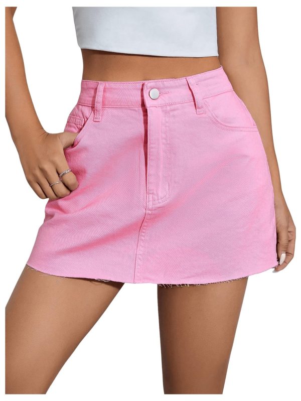 Women's Causal High Waist Raw Hem Pocket Denim Jean Short Skirt