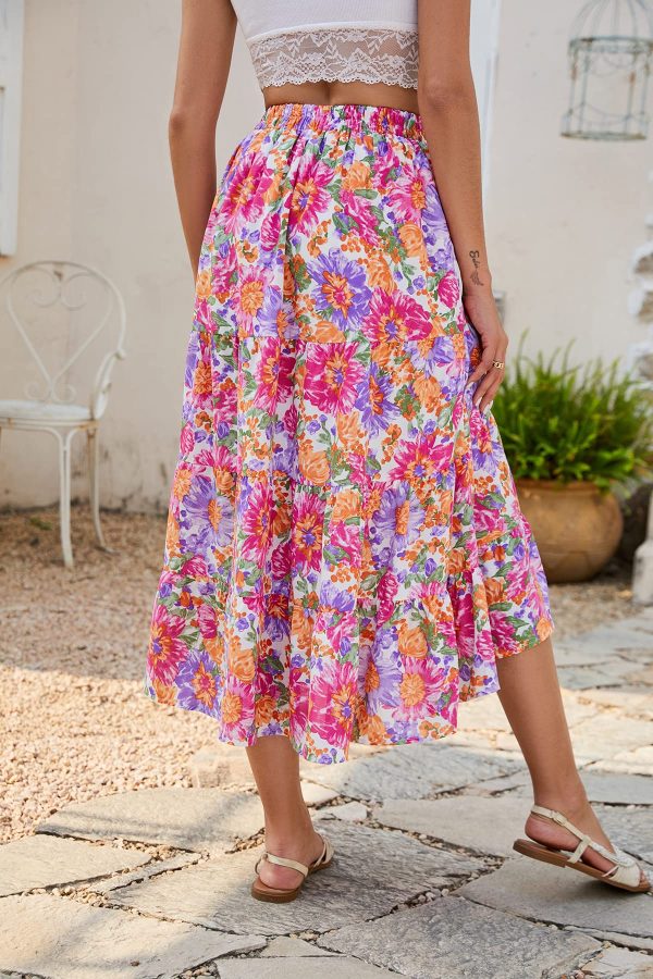 Women's Long Skirts Boho Floral Elastic High Waist Asymmetrical Hem Midi Skirt