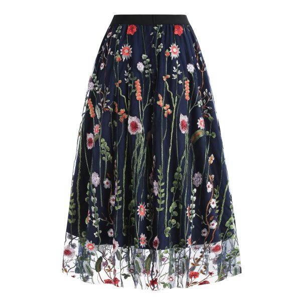 Women's Midi Length Skirt Layered Tulle A Line Skirts Embroidery/Floral Print Elastic Waist
